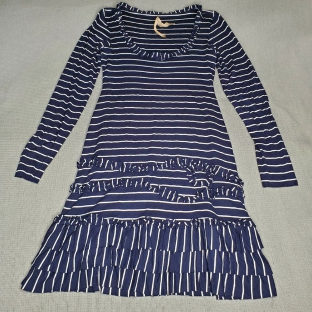 BAILEY 44 STRIPPED RUFFLE DRESS BLUE AND WHITE